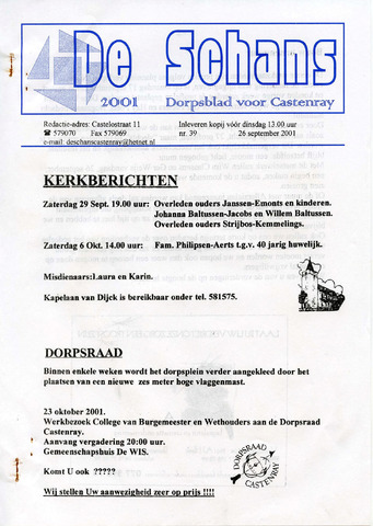 Castenrays dorpsblad De Schans 2001-09-26