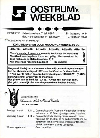 Oostrum's Weekblad 1992-02-27