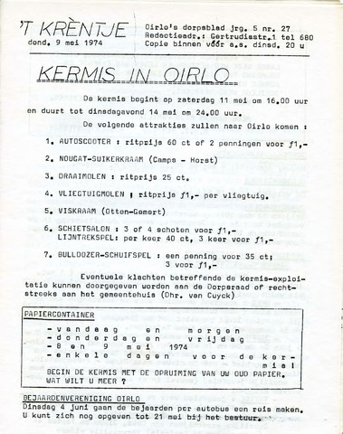 Oirlo's dorpsblad 't Krèntje 1974-05-09
