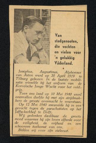 604336 - Tweede Wereldoorlog. Oorlogsslachtoffers. Josephus Augustinus Alphonsus van Asten (1919-1940). WOII. Hij woonde aan de Berkdijksestraat en sneuvelde op 12 mei 1940 in de polders tussen Delft en het vliegveld Ypenburg in een gevecht met Duitse para's.