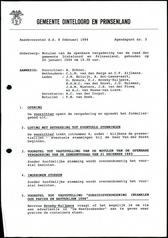 Dinteloord: Notulen gemeenteraad, 1946-1996 1994