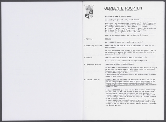 Rucphen: Notulen gemeenteraad, dec. 1949-1998 1998-01-01