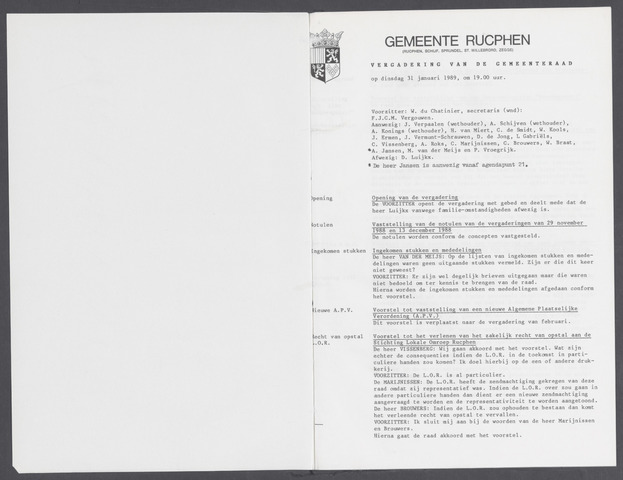 Rucphen: Notulen gemeenteraad, dec. 1949-1998 1989-01-01
