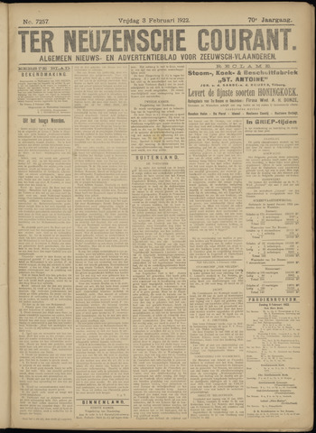 Ter Neuzensche Courant / Neuzensche Courant / (Algemeen) nieuws en advertentieblad voor Zeeuwsch-Vlaanderen 1922-02-03