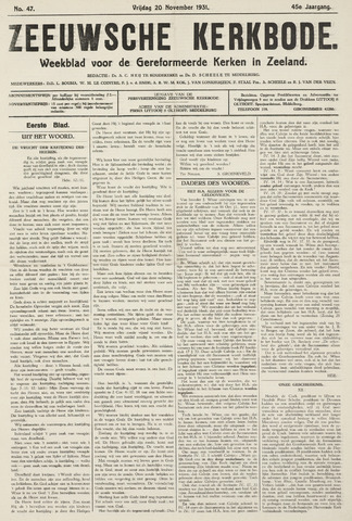 Zeeuwsche kerkbode, weekblad gewijd aan de belangen der gereformeerde kerken/ Zeeuwsch kerkblad 1931-11-20