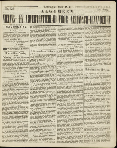 Ter Neuzensche Courant / Neuzensche Courant / (Algemeen) nieuws en advertentieblad voor Zeeuwsch-Vlaanderen 1874-03-21