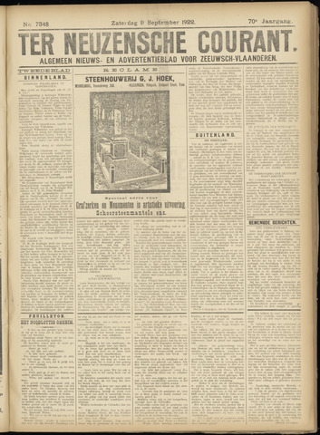 Ter Neuzensche Courant / Neuzensche Courant / (Algemeen) nieuws en advertentieblad voor Zeeuwsch-Vlaanderen 1922-09-09