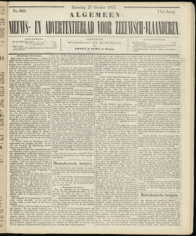 Ter Neuzensche Courant. Algemeen Nieuws- en Advertentieblad voor Zeeuwsch-Vlaanderen / Neuzensche Courant ... (idem) / (Algemeen) nieuws en advertentieblad voor Zeeuwsch-Vlaanderen 1871-10-21