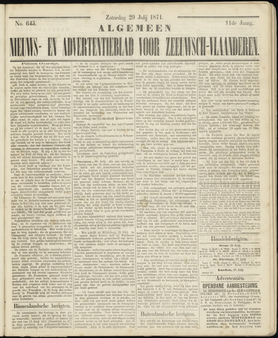 Ter Neuzensche Courant. Algemeen Nieuws- en Advertentieblad voor Zeeuwsch-Vlaanderen / Neuzensche Courant ... (idem) / (Algemeen) nieuws en advertentieblad voor Zeeuwsch-Vlaanderen 1871-07-29