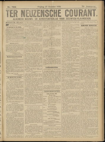 Ter Neuzensche Courant / Neuzensche Courant / (Algemeen) nieuws en advertentieblad voor Zeeuwsch-Vlaanderen 1922-10-27