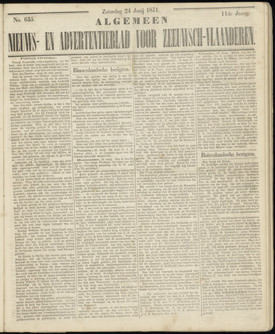 Ter Neuzensche Courant. Algemeen Nieuws- en Advertentieblad voor Zeeuwsch-Vlaanderen / Neuzensche Courant ... (idem) / (Algemeen) nieuws en advertentieblad voor Zeeuwsch-Vlaanderen 1871-06-24