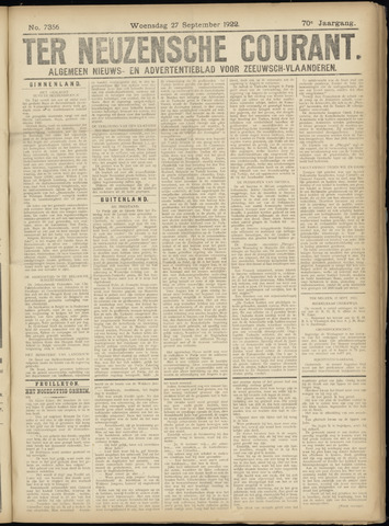 Ter Neuzensche Courant / Neuzensche Courant / (Algemeen) nieuws en advertentieblad voor Zeeuwsch-Vlaanderen 1922-09-27
