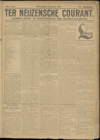 Ter Neuzensche Courant / Neuzensche Courant / (Algemeen) nieuws en advertentieblad voor Zeeuwsch-Vlaanderen 1922-01-04