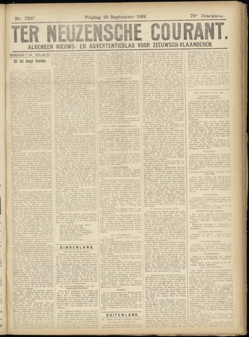 Ter Neuzensche Courant / Neuzensche Courant / (Algemeen) nieuws en advertentieblad voor Zeeuwsch-Vlaanderen 1922-09-29