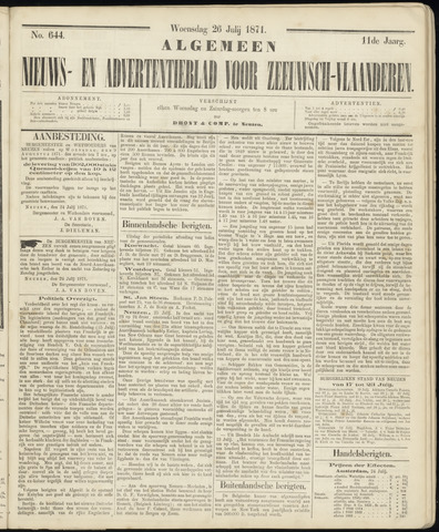 Ter Neuzensche Courant. Algemeen Nieuws- en Advertentieblad voor Zeeuwsch-Vlaanderen / Neuzensche Courant ... (idem) / (Algemeen) nieuws en advertentieblad voor Zeeuwsch-Vlaanderen 1871-07-26
