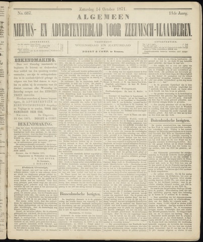 Ter Neuzensche Courant / Neuzensche Courant / (Algemeen) nieuws en advertentieblad voor Zeeuwsch-Vlaanderen 1871-10-14