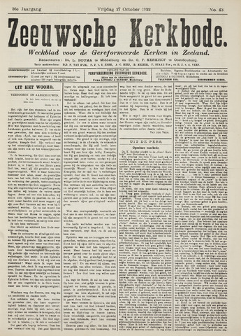 Zeeuwsche kerkbode, weekblad gewijd aan de belangen der gereformeerde kerken/ Zeeuwsch kerkblad 1922-10-27