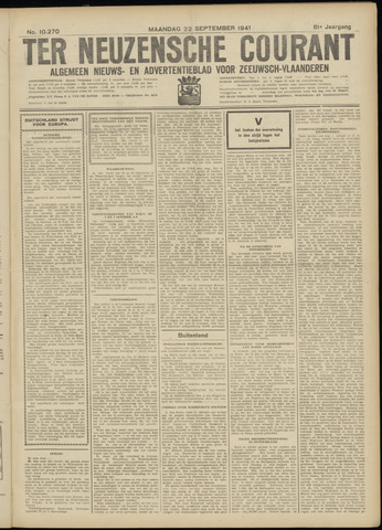 Ter Neuzensche Courant / Neuzensche Courant / (Algemeen) nieuws en advertentieblad voor Zeeuwsch-Vlaanderen 1941-09-22