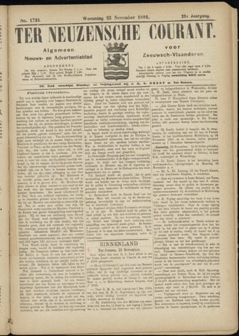 Ter Neuzensche Courant. Algemeen Nieuws- en Advertentieblad voor Zeeuwsch-Vlaanderen / Neuzensche Courant ... (idem) / (Algemeen) nieuws en advertentieblad voor Zeeuwsch-Vlaanderen 1881-11-23