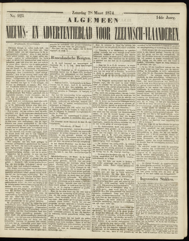 Ter Neuzensche Courant / Neuzensche Courant / (Algemeen) nieuws en advertentieblad voor Zeeuwsch-Vlaanderen 1874-03-28