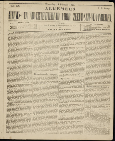 Ter Neuzensche Courant. Algemeen Nieuws- en Advertentieblad voor Zeeuwsch-Vlaanderen / Neuzensche Courant ... (idem) / (Algemeen) nieuws en advertentieblad voor Zeeuwsch-Vlaanderen 1871-02-15