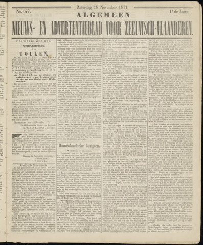 Ter Neuzensche Courant / Neuzensche Courant / (Algemeen) nieuws en advertentieblad voor Zeeuwsch-Vlaanderen 1871-11-18
