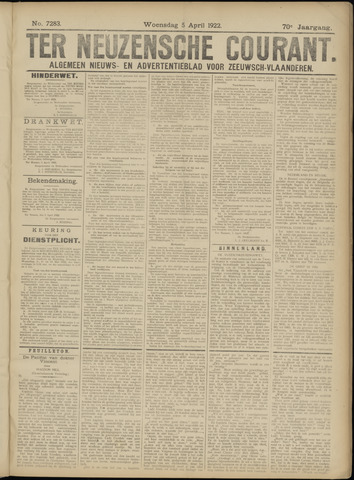 Ter Neuzensche Courant / Neuzensche Courant / (Algemeen) nieuws en advertentieblad voor Zeeuwsch-Vlaanderen 1922-04-05