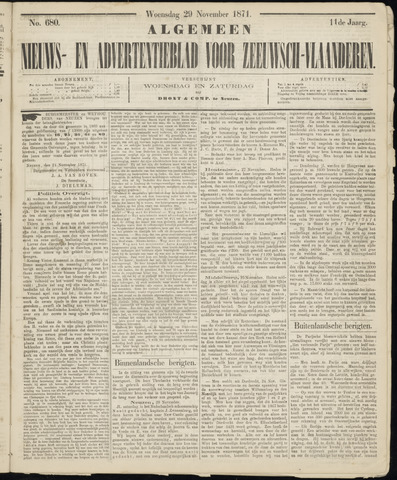 Ter Neuzensche Courant / Neuzensche Courant / (Algemeen) nieuws en advertentieblad voor Zeeuwsch-Vlaanderen 1871-11-29