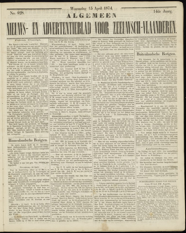 Ter Neuzensche Courant / Neuzensche Courant / (Algemeen) nieuws en advertentieblad voor Zeeuwsch-Vlaanderen 1874-04-15