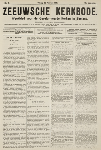 Zeeuwsche kerkbode, weekblad gewijd aan de belangen der gereformeerde kerken/ Zeeuwsch kerkblad 1931-02-20
