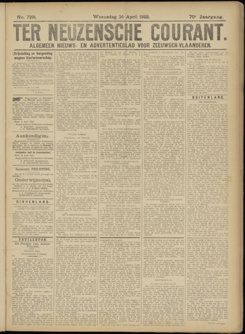 Ter Neuzensche Courant / Neuzensche Courant / (Algemeen) nieuws en advertentieblad voor Zeeuwsch-Vlaanderen 1922-04-26