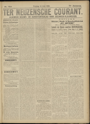 Ter Neuzensche Courant / Neuzensche Courant / (Algemeen) nieuws en advertentieblad voor Zeeuwsch-Vlaanderen 1922-07-14