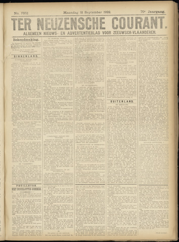 Ter Neuzensche Courant / Neuzensche Courant / (Algemeen) nieuws en advertentieblad voor Zeeuwsch-Vlaanderen 1922-09-18