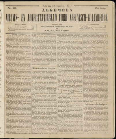Ter Neuzensche Courant. Algemeen Nieuws- en Advertentieblad voor Zeeuwsch-Vlaanderen / Neuzensche Courant ... (idem) / (Algemeen) nieuws en advertentieblad voor Zeeuwsch-Vlaanderen 1871-08-19