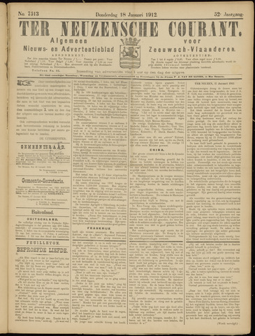 Ter Neuzensche Courant / Neuzensche Courant / (Algemeen) nieuws en advertentieblad voor Zeeuwsch-Vlaanderen 1912-01-18