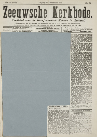 Zeeuwsche kerkbode, weekblad gewijd aan de belangen der gereformeerde kerken/ Zeeuwsch kerkblad 1922-12-29