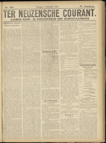 Ter Neuzensche Courant / Neuzensche Courant / (Algemeen) nieuws en advertentieblad voor Zeeuwsch-Vlaanderen 1922-10-06