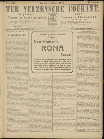 Ter Neuzensche Courant / Neuzensche Courant / (Algemeen) nieuws en advertentieblad voor Zeeuwsch-Vlaanderen 1913-02-01