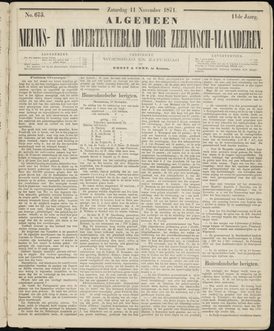 Ter Neuzensche Courant / Neuzensche Courant / (Algemeen) nieuws en advertentieblad voor Zeeuwsch-Vlaanderen 1871-11-11