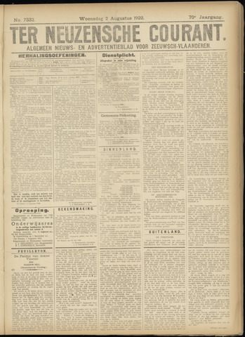 Ter Neuzensche Courant / Neuzensche Courant / (Algemeen) nieuws en advertentieblad voor Zeeuwsch-Vlaanderen 1922-08-02