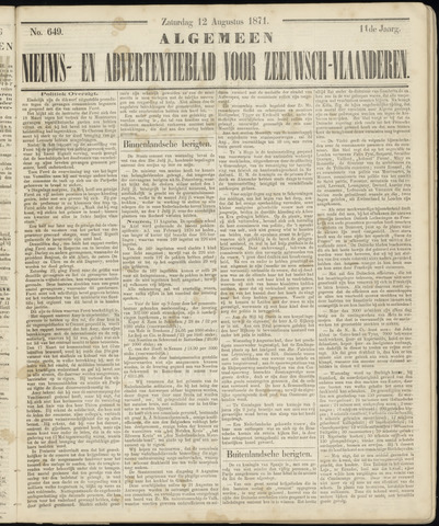 Ter Neuzensche Courant. Algemeen Nieuws- en Advertentieblad voor Zeeuwsch-Vlaanderen / Neuzensche Courant ... (idem) / (Algemeen) nieuws en advertentieblad voor Zeeuwsch-Vlaanderen 1871-08-12