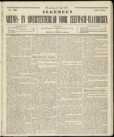 Ter Neuzensche Courant. Algemeen Nieuws- en Advertentieblad voor Zeeuwsch-Vlaanderen / Neuzensche Courant ... (idem) / (Algemeen) nieuws en advertentieblad voor Zeeuwsch-Vlaanderen 1871-07-05