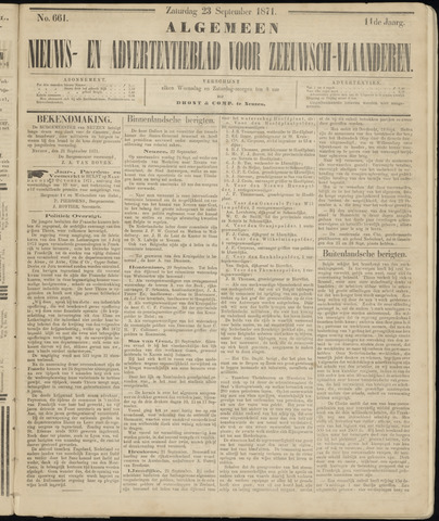 Ter Neuzensche Courant. Algemeen Nieuws- en Advertentieblad voor Zeeuwsch-Vlaanderen / Neuzensche Courant ... (idem) / (Algemeen) nieuws en advertentieblad voor Zeeuwsch-Vlaanderen 1871-09-23