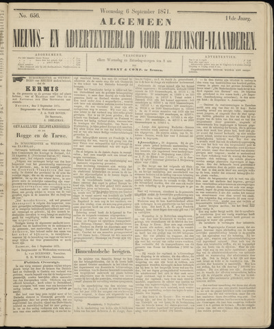 Ter Neuzensche Courant. Algemeen Nieuws- en Advertentieblad voor Zeeuwsch-Vlaanderen / Neuzensche Courant ... (idem) / (Algemeen) nieuws en advertentieblad voor Zeeuwsch-Vlaanderen 1871-09-06