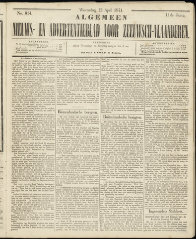 Ter Neuzensche Courant. Algemeen Nieuws- en Advertentieblad voor Zeeuwsch-Vlaanderen / Neuzensche Courant ... (idem) / (Algemeen) nieuws en advertentieblad voor Zeeuwsch-Vlaanderen 1871-04-12