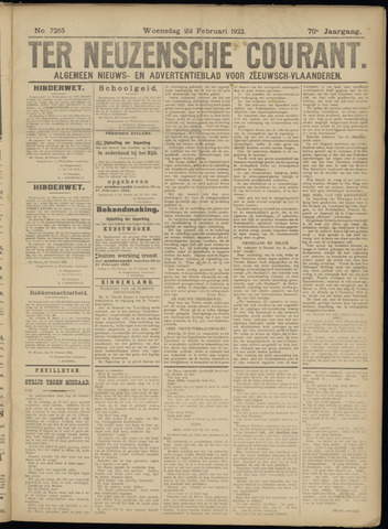 Ter Neuzensche Courant / Neuzensche Courant / (Algemeen) nieuws en advertentieblad voor Zeeuwsch-Vlaanderen 1922-02-22
