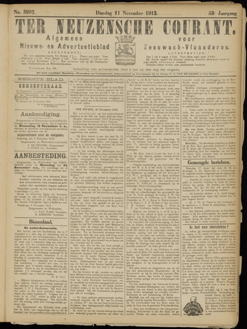 Ter Neuzensche Courant / Neuzensche Courant / (Algemeen) nieuws en advertentieblad voor Zeeuwsch-Vlaanderen 1913-11-11