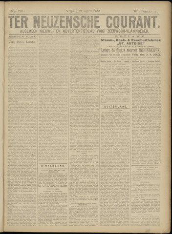 Ter Neuzensche Courant / Neuzensche Courant / (Algemeen) nieuws en advertentieblad voor Zeeuwsch-Vlaanderen 1922-04-21