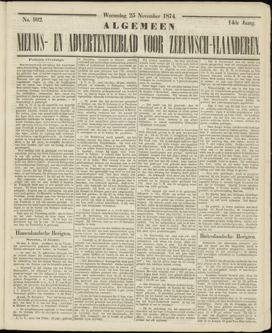 Ter Neuzensche Courant / Neuzensche Courant / (Algemeen) nieuws en advertentieblad voor Zeeuwsch-Vlaanderen 1874-11-25
