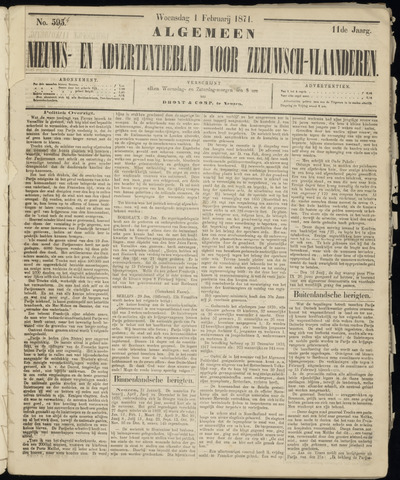 Ter Neuzensche Courant. Algemeen Nieuws- en Advertentieblad voor Zeeuwsch-Vlaanderen / Neuzensche Courant ... (idem) / (Algemeen) nieuws en advertentieblad voor Zeeuwsch-Vlaanderen 1871-02-01